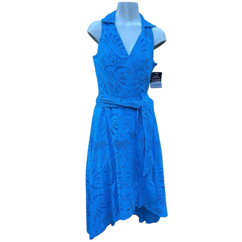 Boston Proper Blue Eyelet Sleeveless Spring Summer Dress MIDI Faux Wrap Sz 2 NWT - Picture 2 of 16